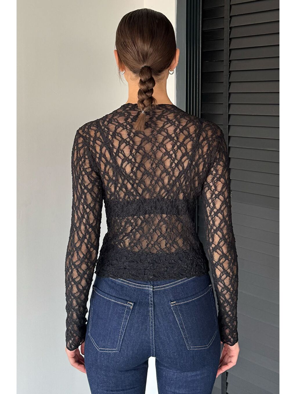 Siyah Kadın Dik Yaka Elastanlı Transparan Bluz-3
