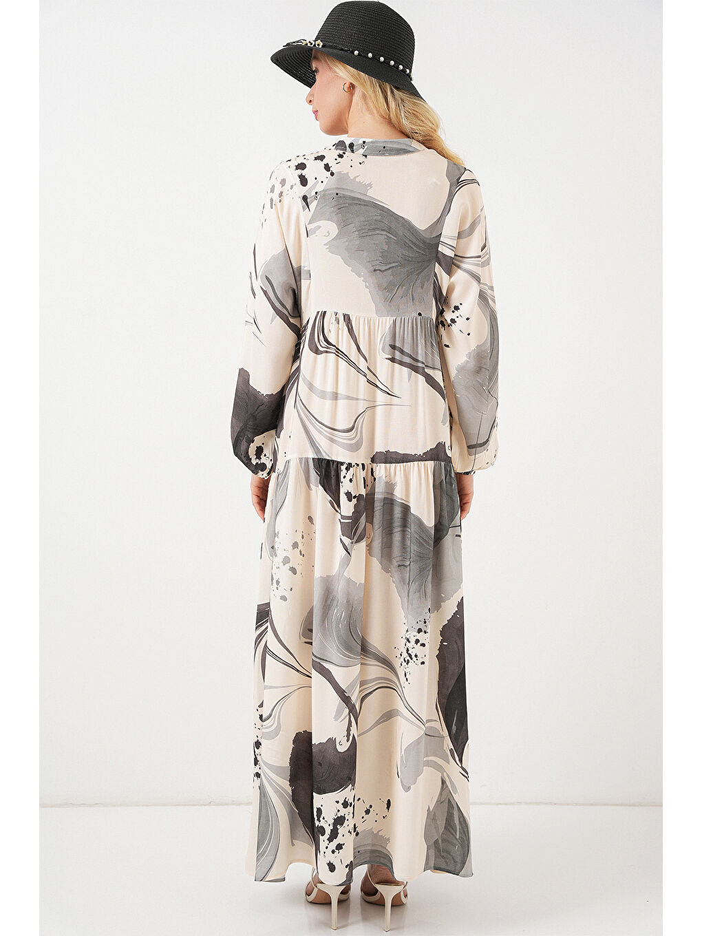 Kadın Desenli Uzun Tesettür Elbise 2585 - Siyah-5