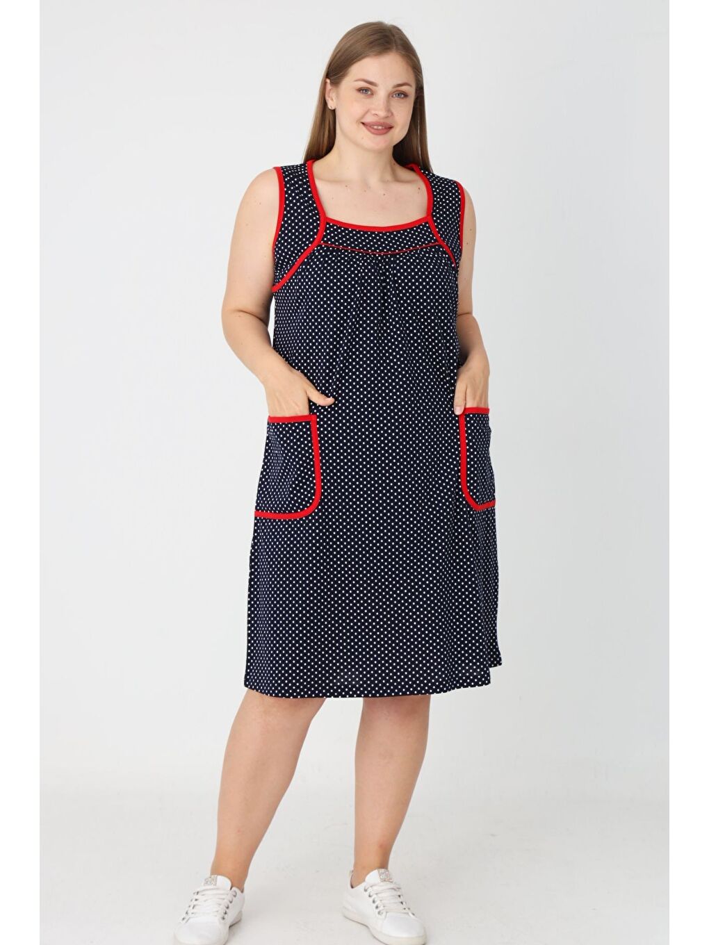 Lacivert Puantiyeli Biyeli Askılı Cepli Pamuklu Kadın Büyük Beden Elbise-2