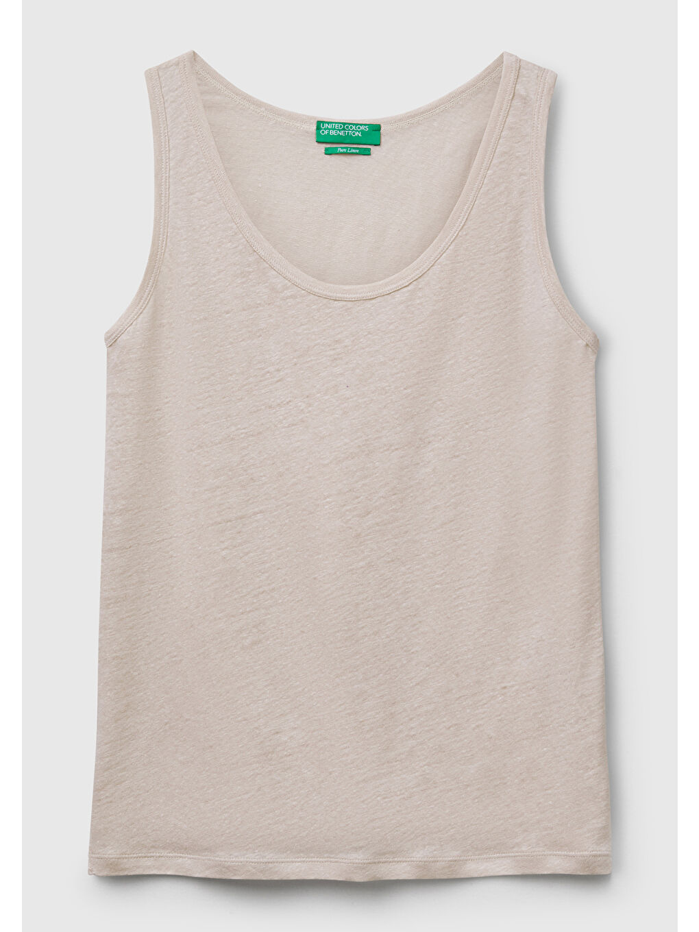 Bej Kadın Taş Rengi %100 Keten Yanları Yırtmaçlı Regular Fit Yuvarlak Yaka Atlet-1