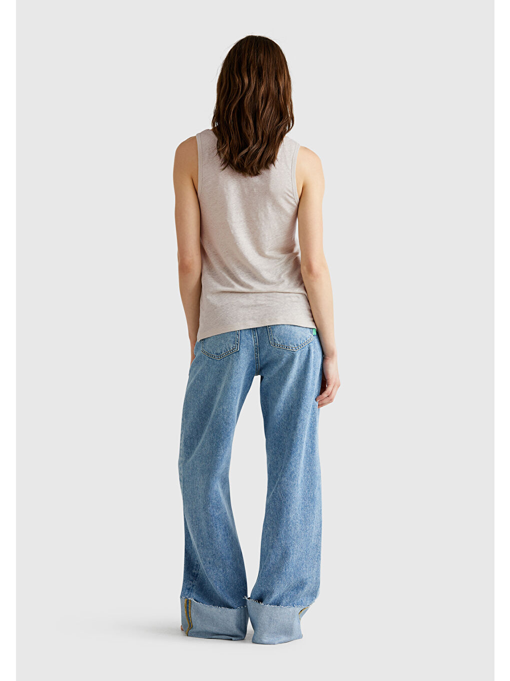 Bej Kadın Taş Rengi %100 Keten Yanları Yırtmaçlı Regular Fit Yuvarlak Yaka Atlet-2