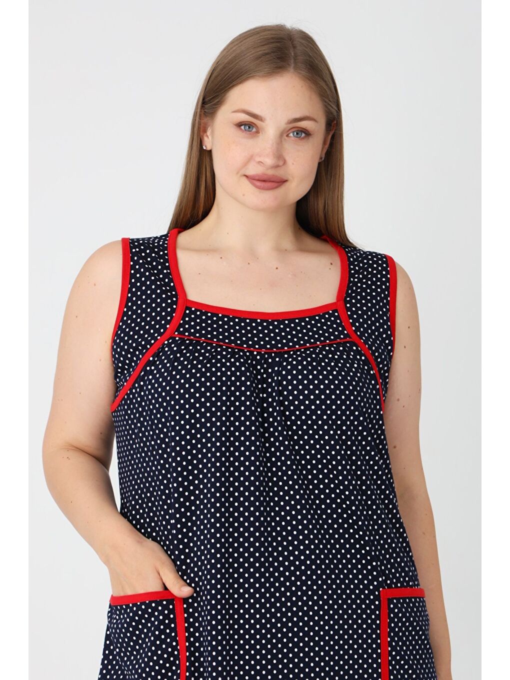 Lacivert Puantiyeli Biyeli Askılı Cepli Pamuklu Kadın Büyük Beden Elbise-3