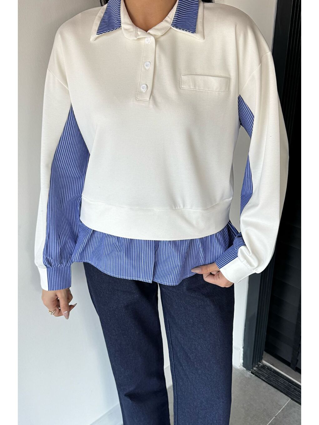 Ekru Kadın Polo Yaka Gömlek Garnili Sweatshirt