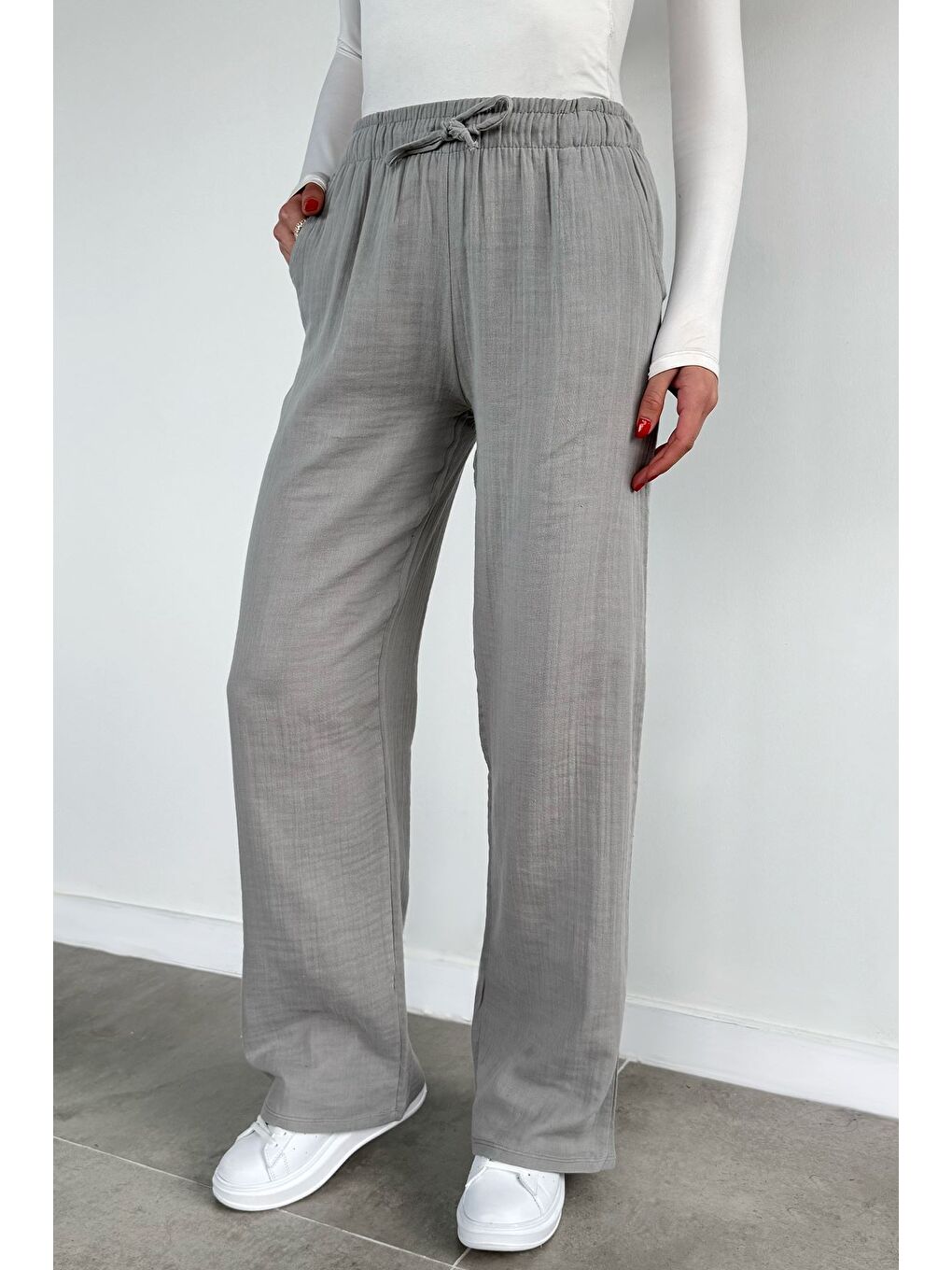 Gri Kadın Bel Lastikli Müslin Pantolon-1