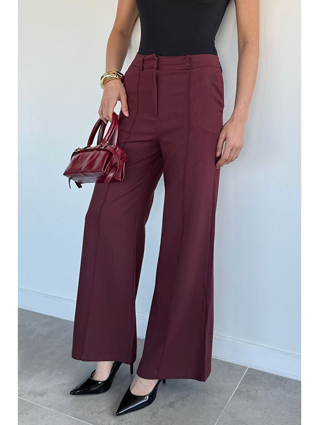 Bordo Kadın Çimalı Bol Paça Pantolon