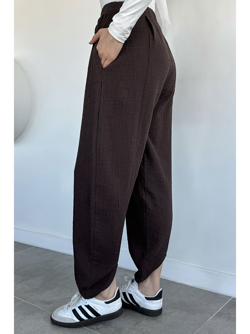 Kahverengi Kadın Muslin Kumaş Şalvar Pantolon-1