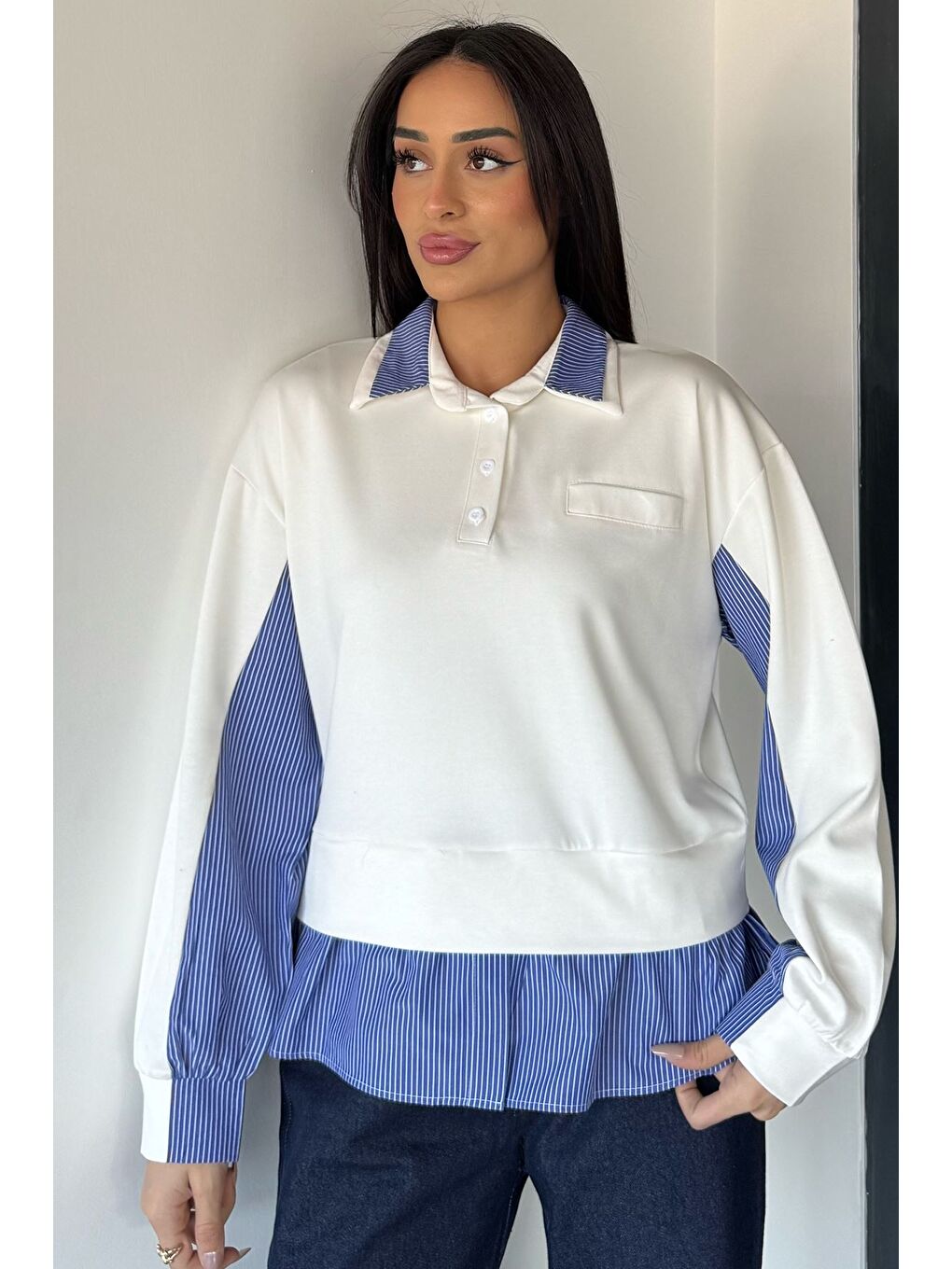 Ekru Kadın Polo Yaka Gömlek Garnili Sweatshirt-1
