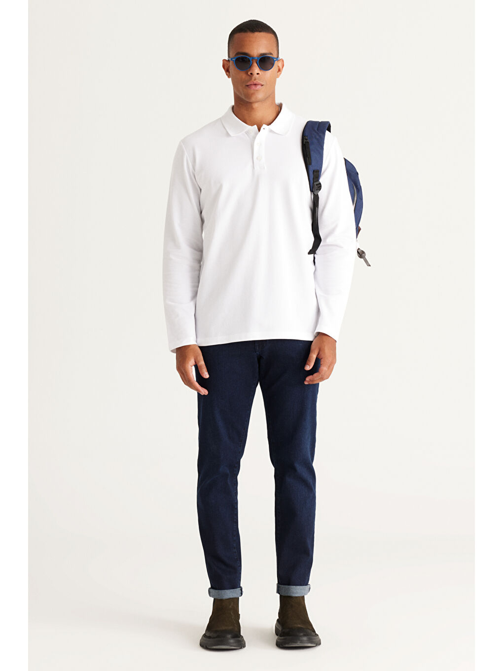 Erkek Beyaz Standart Fit Normal Kesim %100 Pamuk Polo Yaka Tişört-1