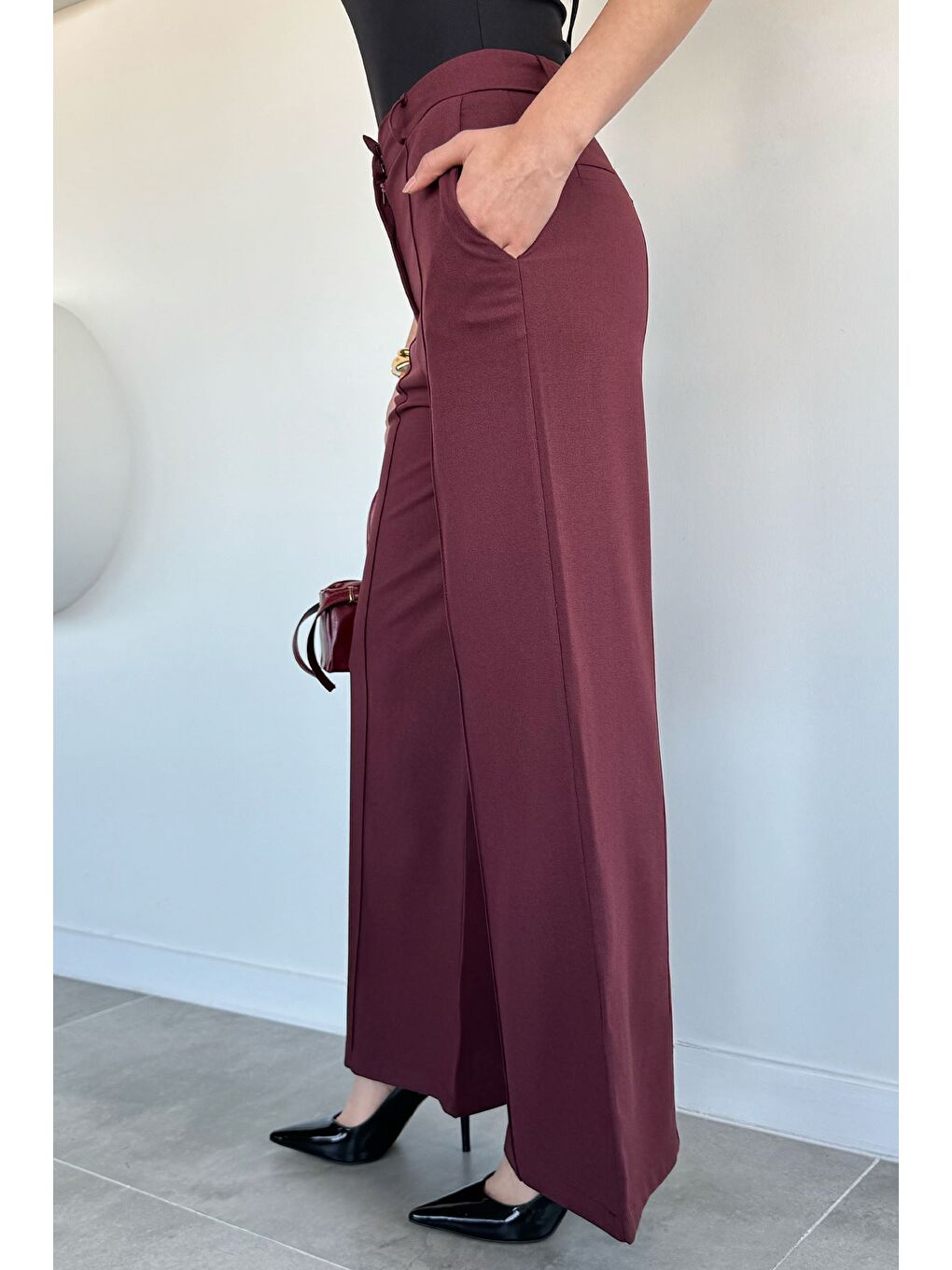 Bordo Kadın Çimalı Bol Paça Pantolon-1