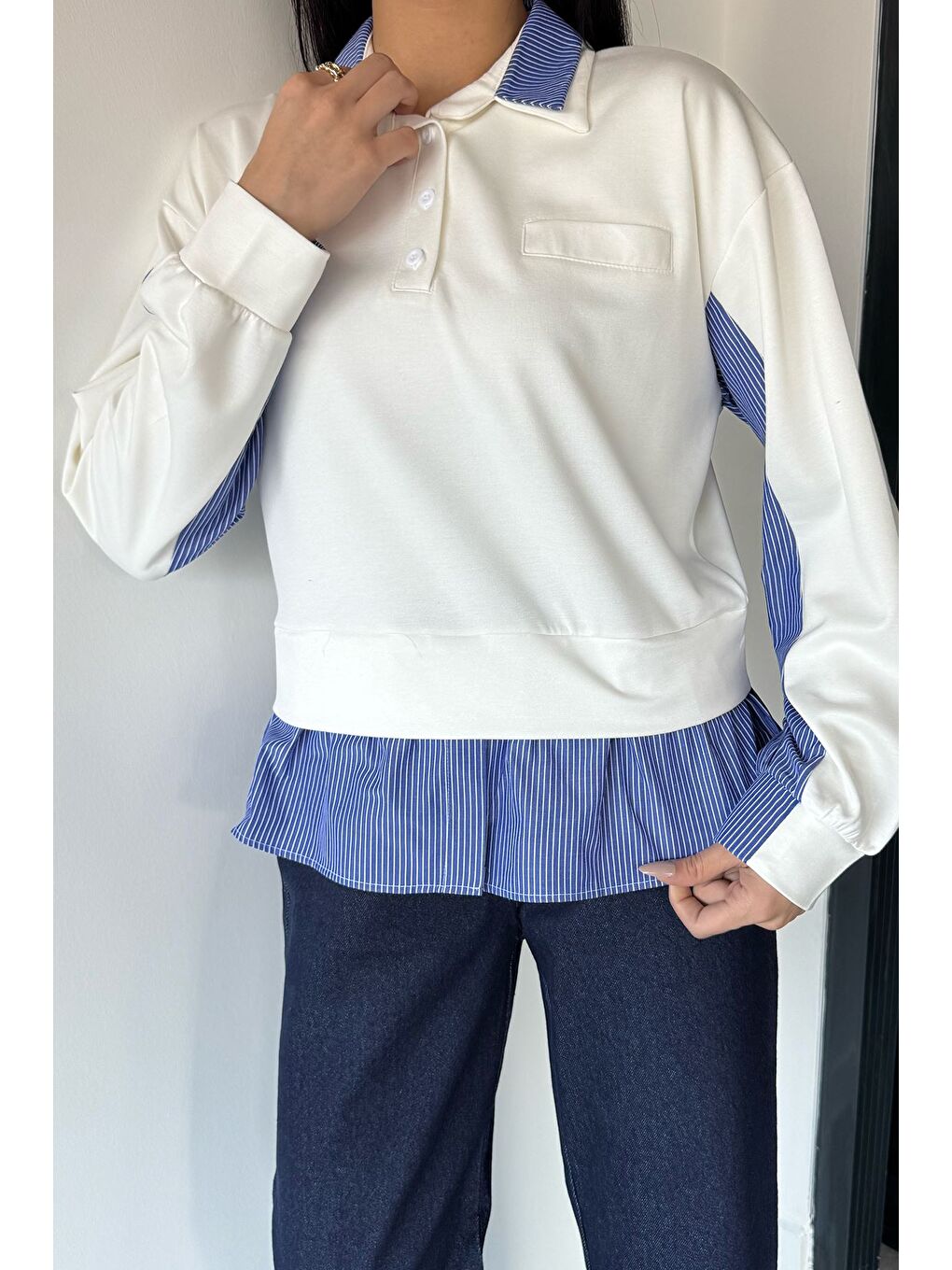 Ekru Kadın Polo Yaka Gömlek Garnili Sweatshirt-2
