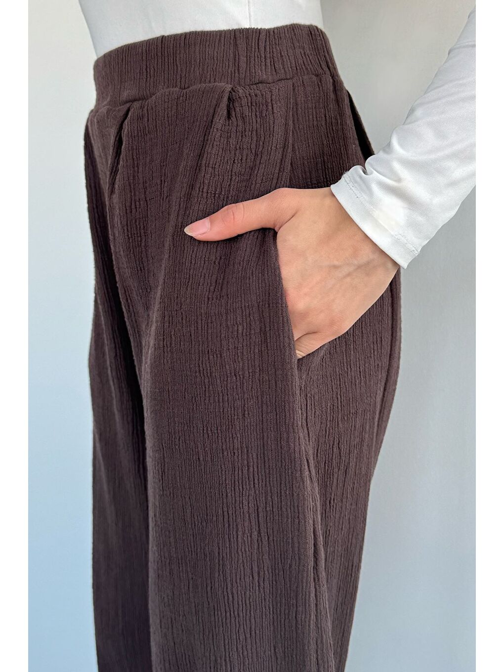 Kahverengi Kadın Muslin Kumaş Şalvar Pantolon-2