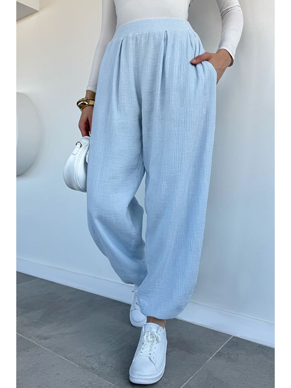 Mavi Kadın Muslin Kumaş Şalvar Pantolon-2