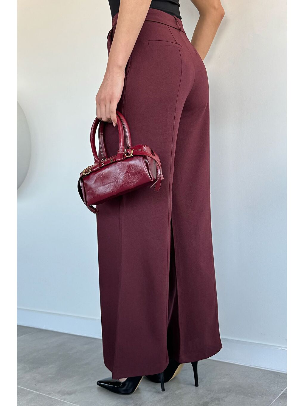 Bordo Kadın Çimalı Bol Paça Pantolon-2