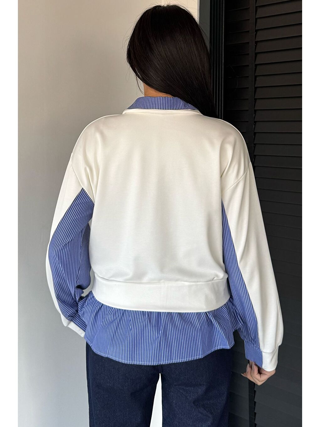 Ekru Kadın Polo Yaka Gömlek Garnili Sweatshirt-3