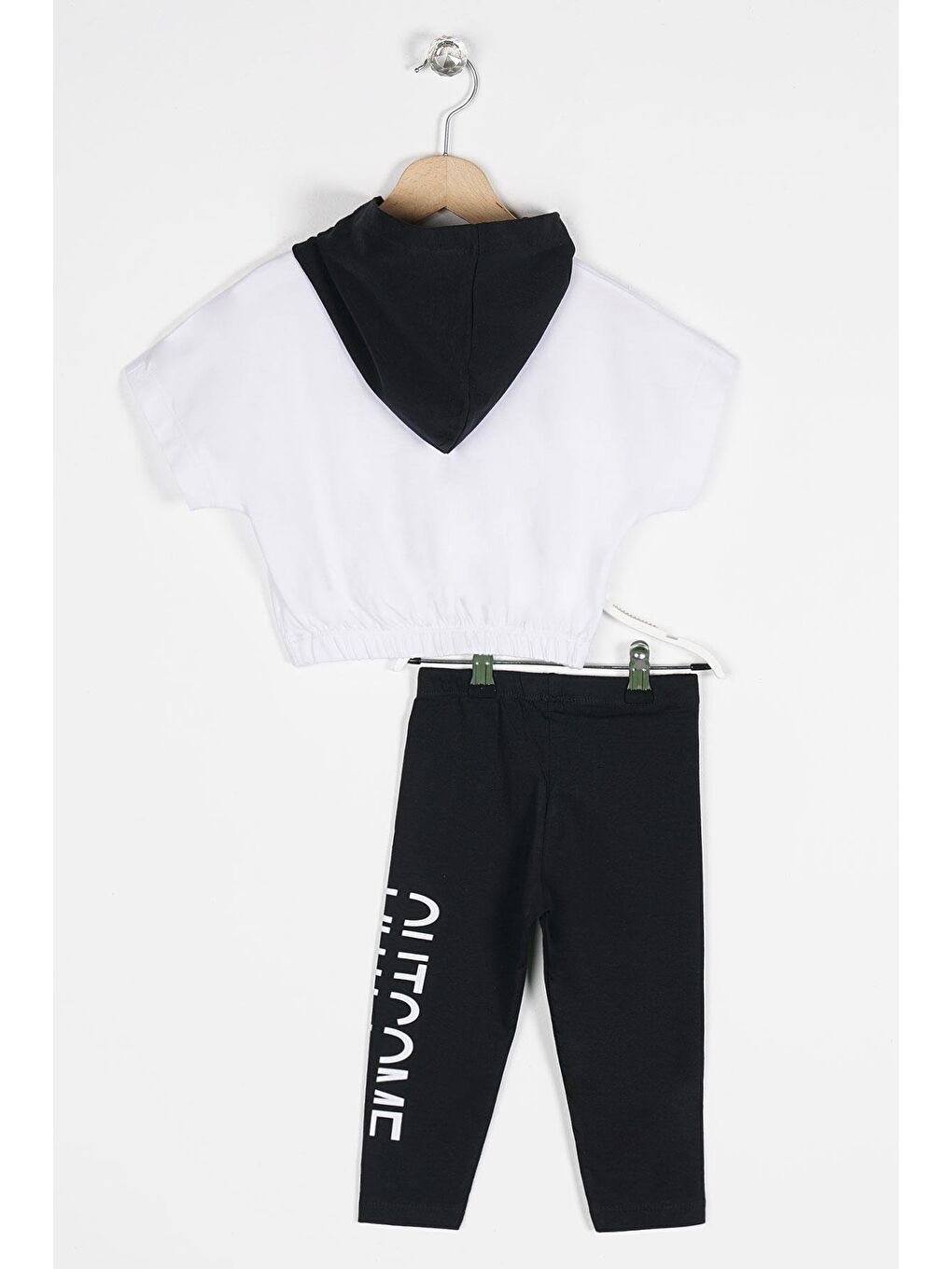 Kapüşonlu Kısa Kol Outcome Baskılı Beli Lastikli Beyaz Renk Kız Çocuk Taytlı Takım-1