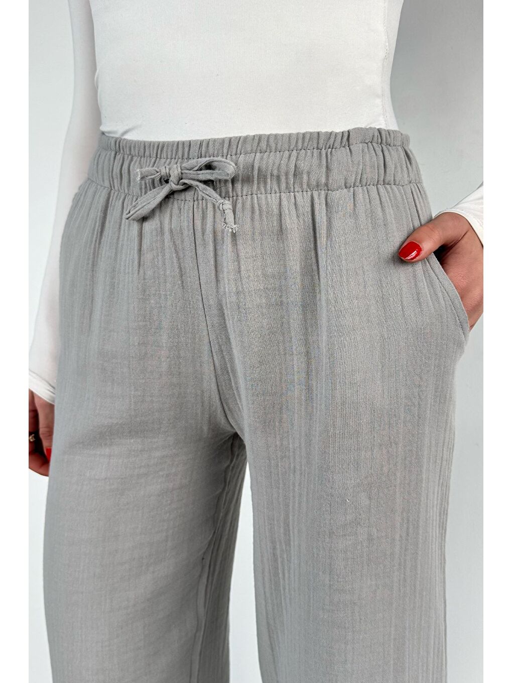 Gri Kadın Bel Lastikli Müslin Pantolon-2