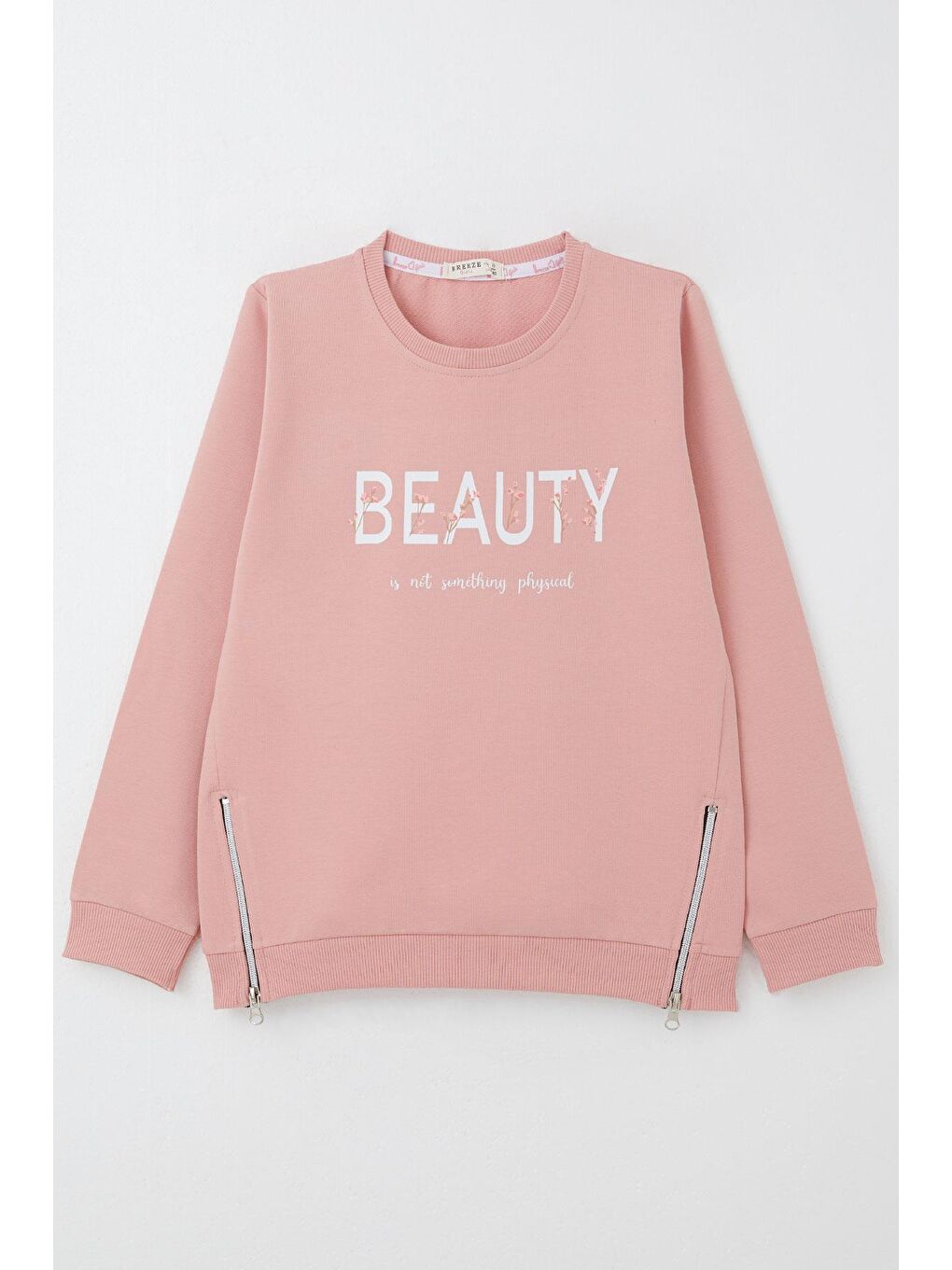 Pembe Kız Çocuk Sweatshirt Yazı Baskılı Kenarları Fermuar Detaylı Gülkurusu (9-14 Yaş)