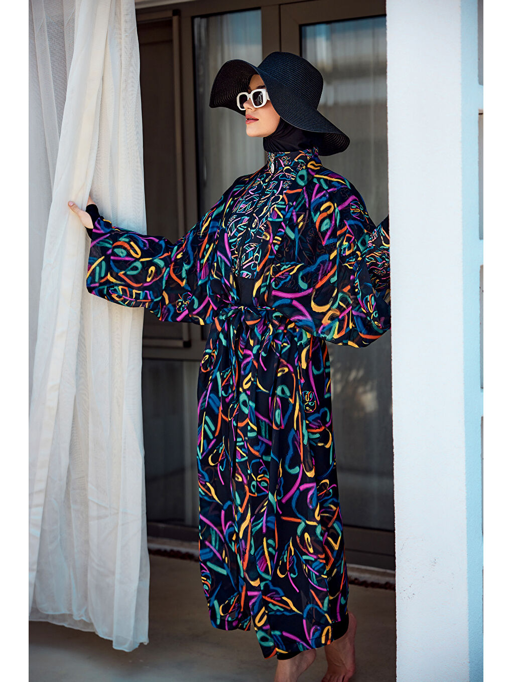 Remsa Tesettür Mayo Üzerine Tek Kaftan Kimono Pareo Siyah04 RP035 Yağmur