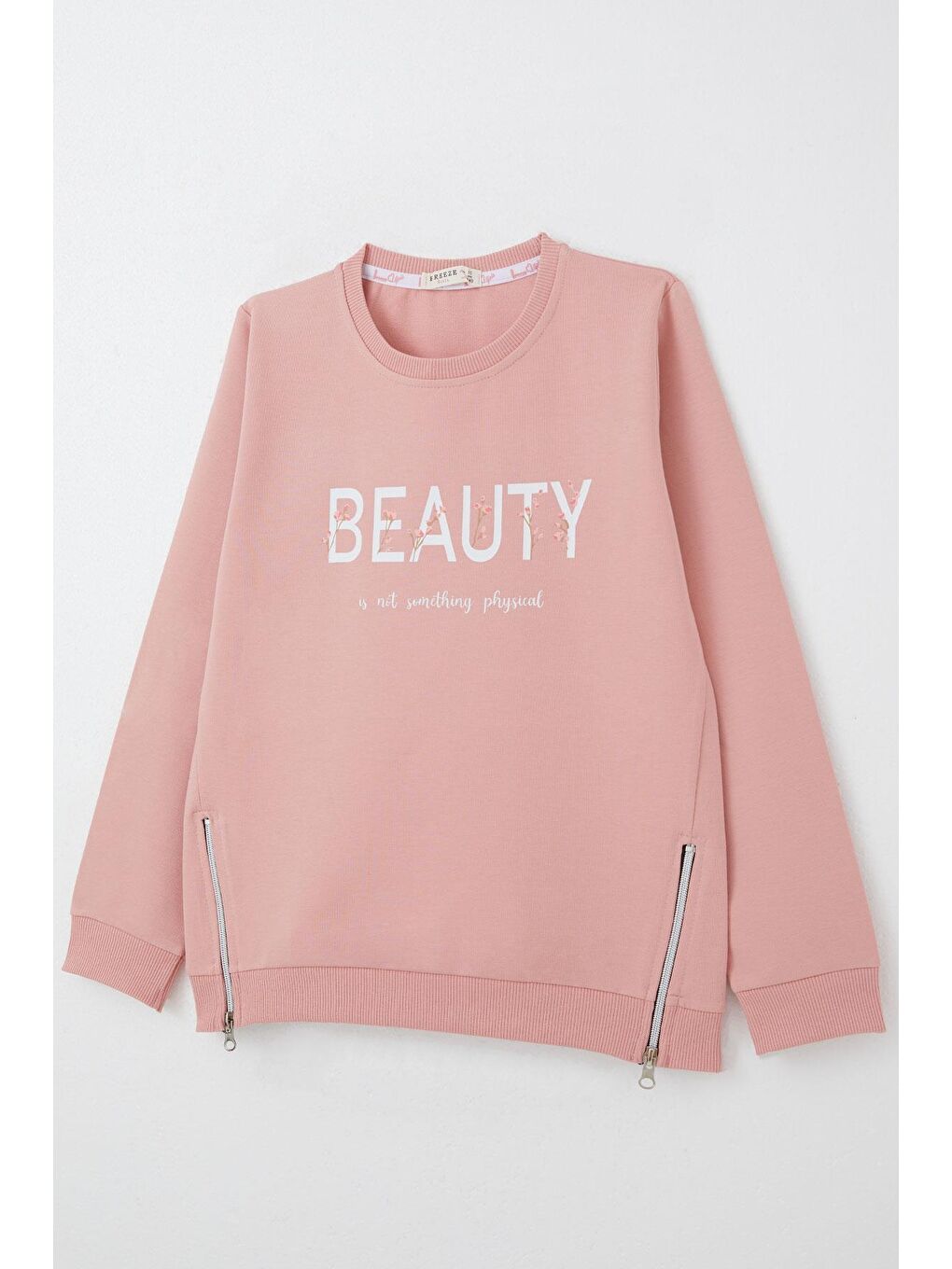 Pembe Kız Çocuk Sweatshirt Yazı Baskılı Kenarları Fermuar Detaylı Gülkurusu (9-14 Yaş)-2