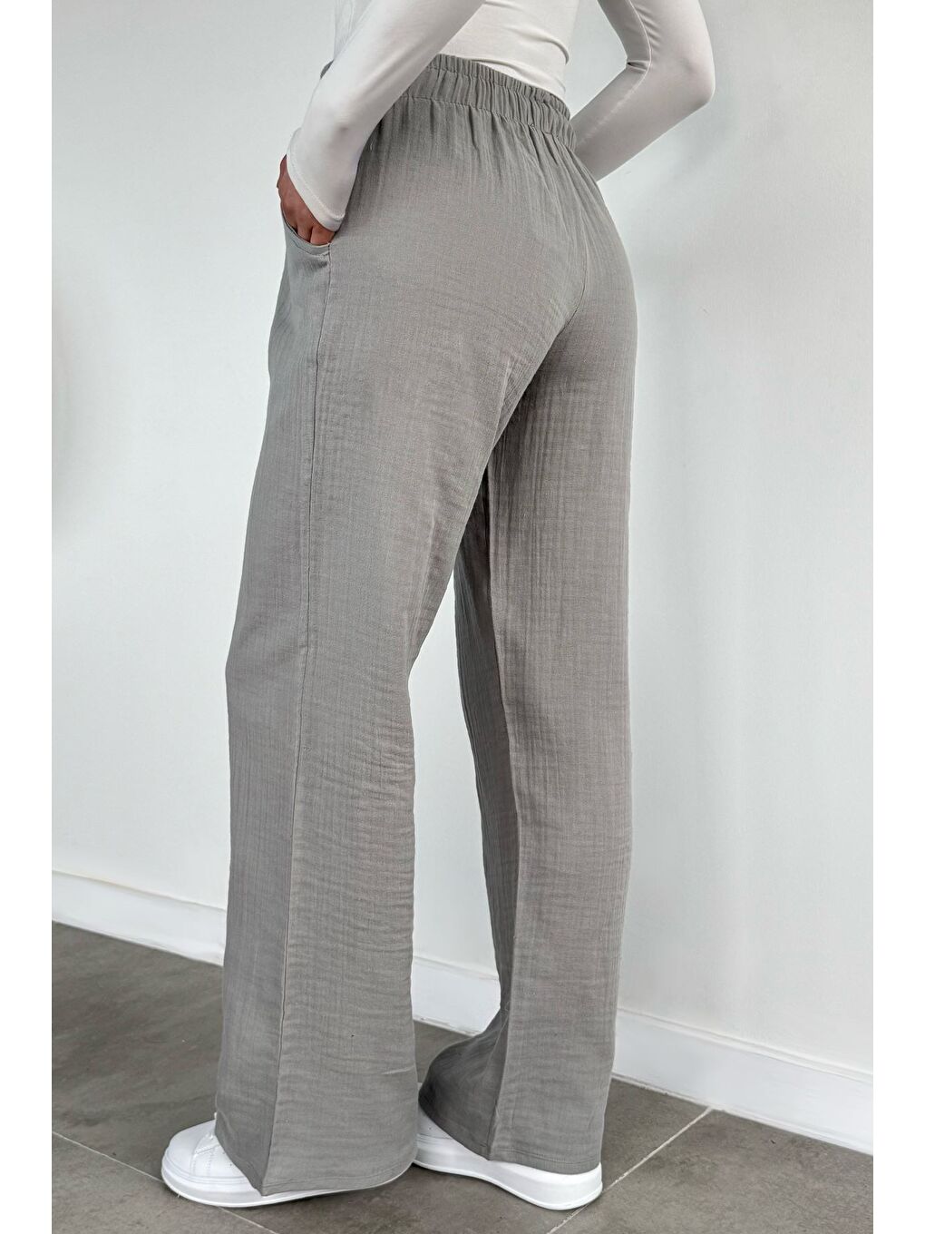 Gri Kadın Bel Lastikli Müslin Pantolon-3