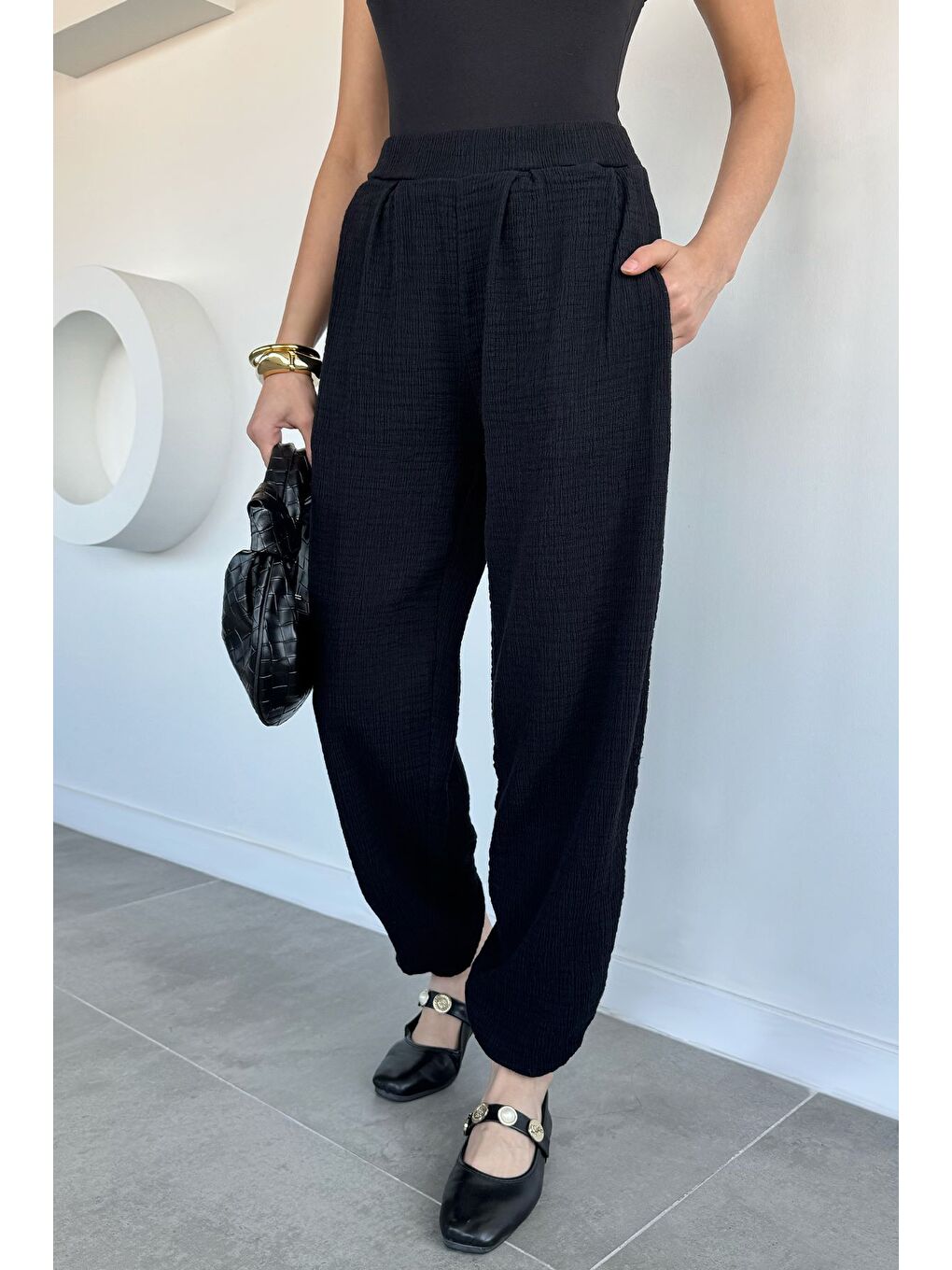 Siyah Kadın Muslin Kumaş Şalvar Pantolon