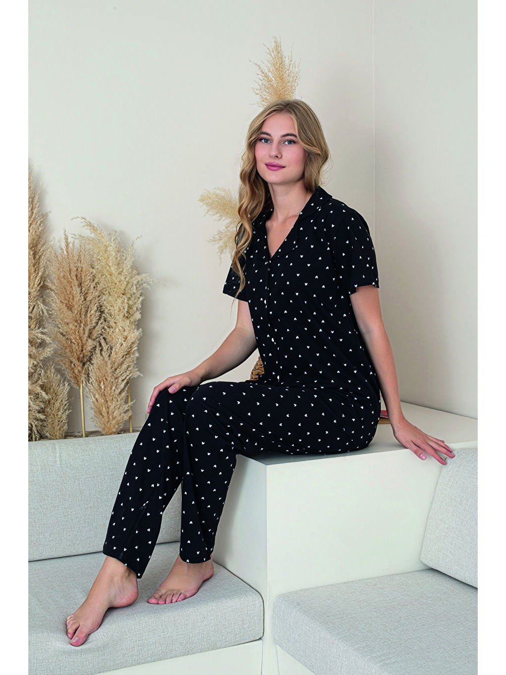 Kadın Siyah %100 Doğal Pamuk Kalpli Gömlek Yaka Kısa Kollu Kaliteli Battal Pijama Takımı