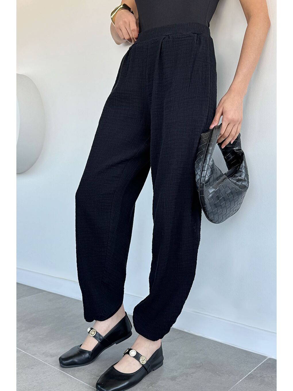 Siyah Kadın Muslin Kumaş Şalvar Pantolon-1