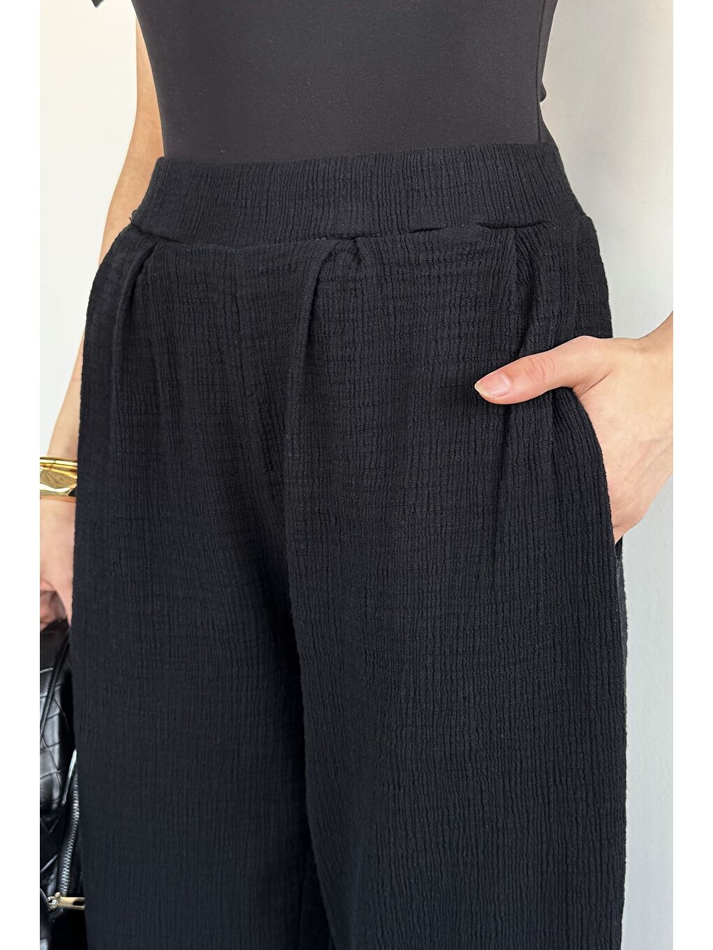 Siyah Kadın Muslin Kumaş Şalvar Pantolon-2