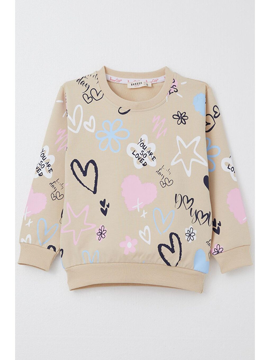 Kız Çocuk Sweatshirt Sevgi Temalı Desenli Bej (3-8 Yaş)