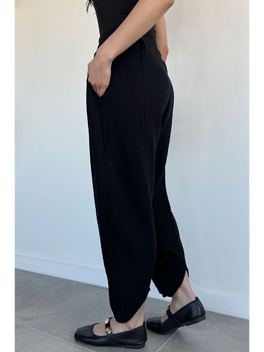 Siyah Kadın Muslin Kumaş Şalvar Pantolon-3