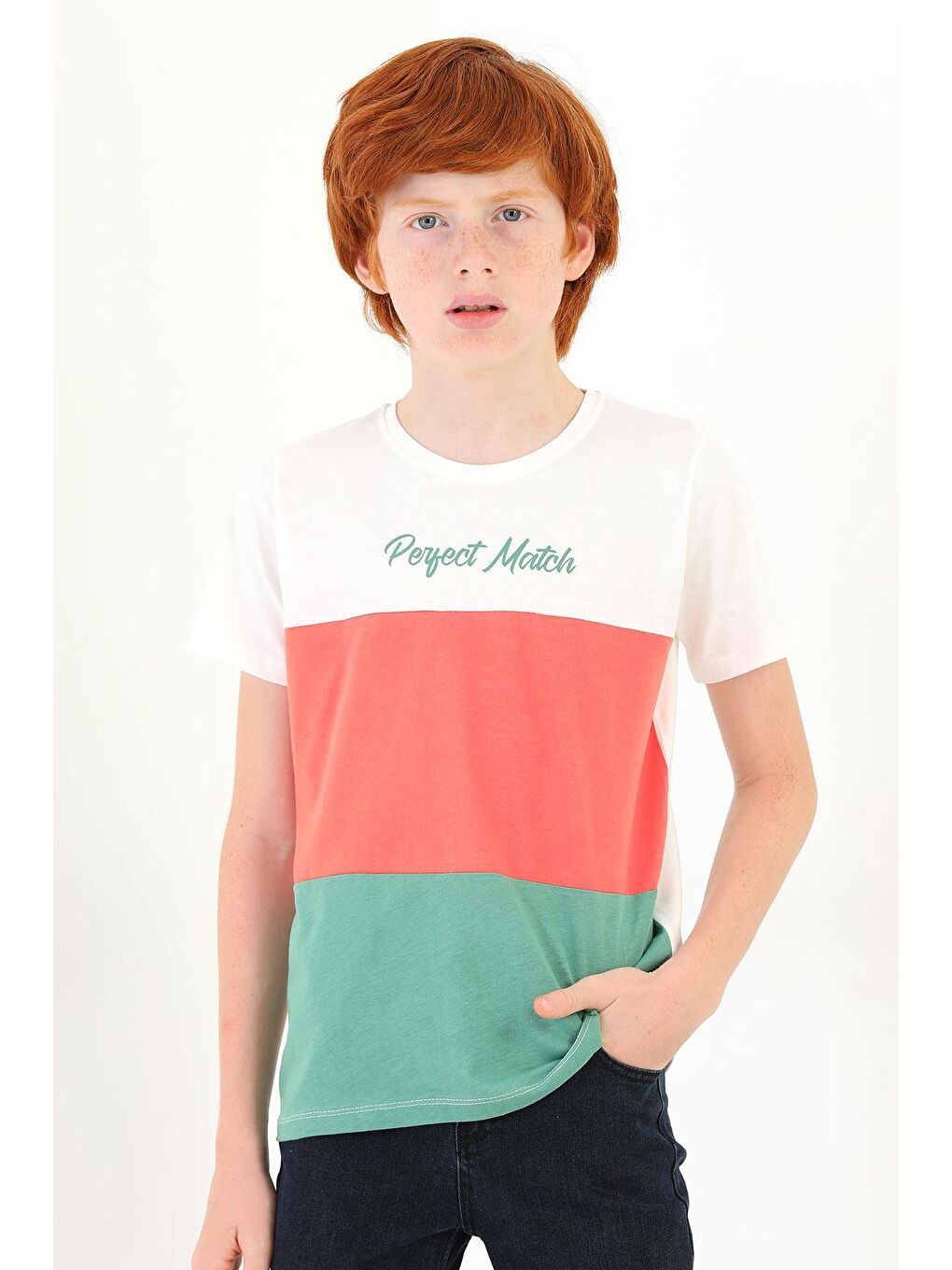 Lila Bisiklet Yaka Kısa Kol Perfect Match Baskı Parçalı Ekru Çağla Renk Erkek Çocuk Tshirt