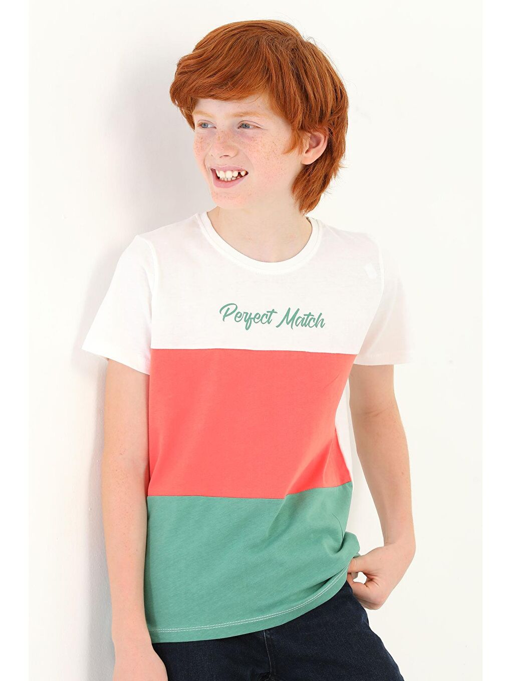 Lila Bisiklet Yaka Kısa Kol Perfect Match Baskı Parçalı Ekru Çağla Renk Erkek Çocuk Tshirt-1