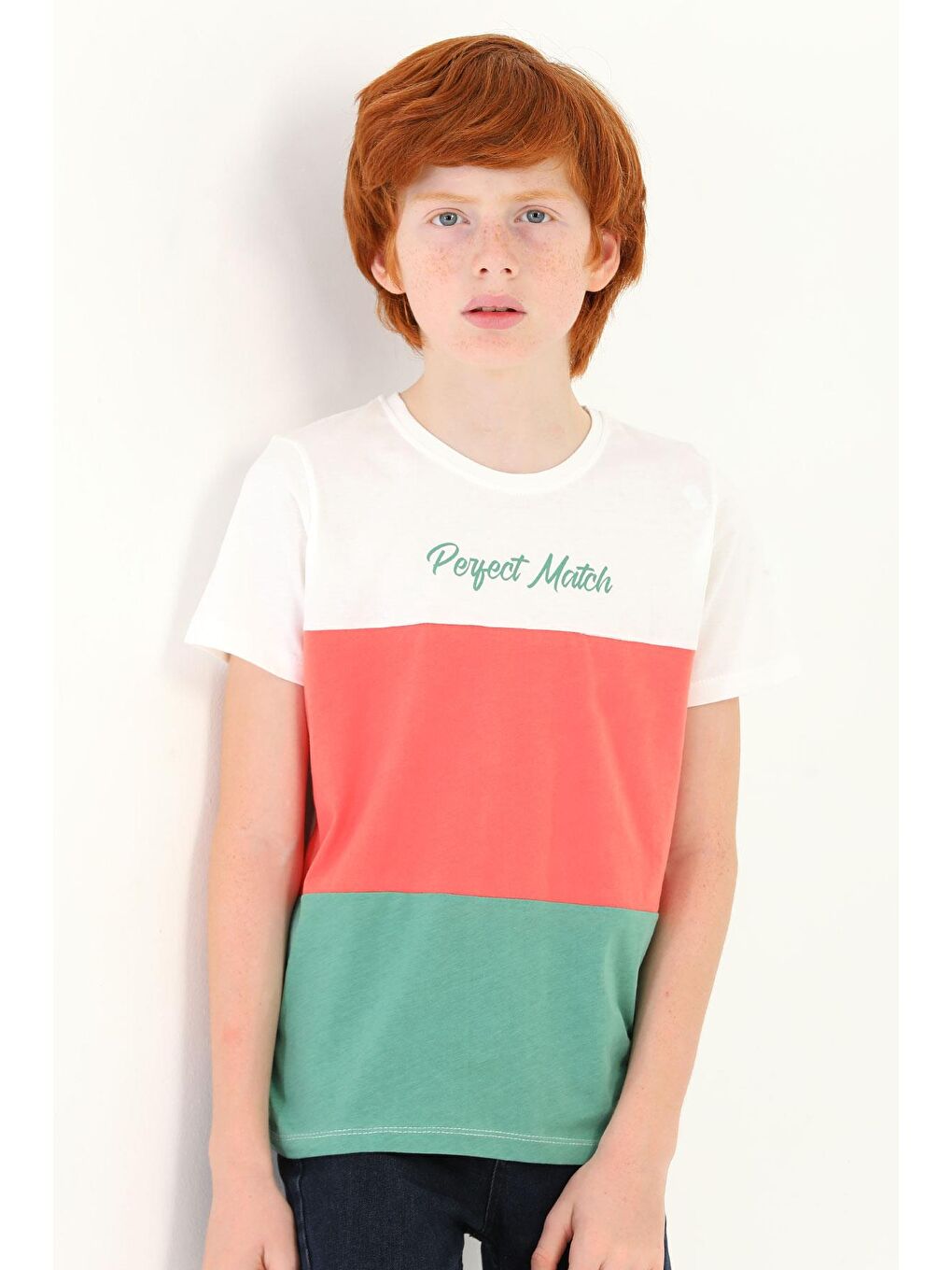 Lila Bisiklet Yaka Kısa Kol Perfect Match Baskı Parçalı Ekru Çağla Renk Erkek Çocuk Tshirt-2