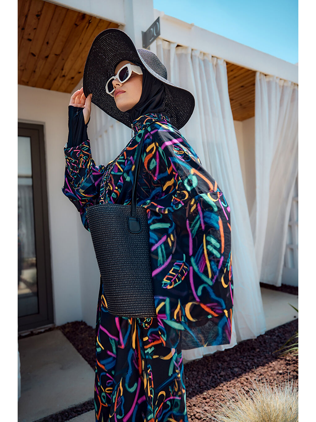 Remsa Tesettür Mayo Üzerine Tek Kaftan Kimono Pareo Siyah04 RP035 Yağmur-2