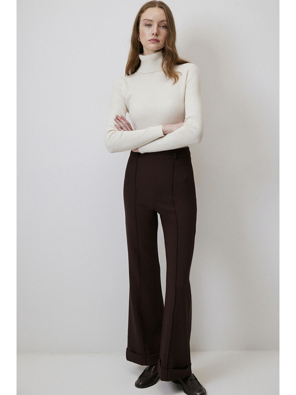 Kahverengi Nervürlü İspanyol Paça Pantolon-1