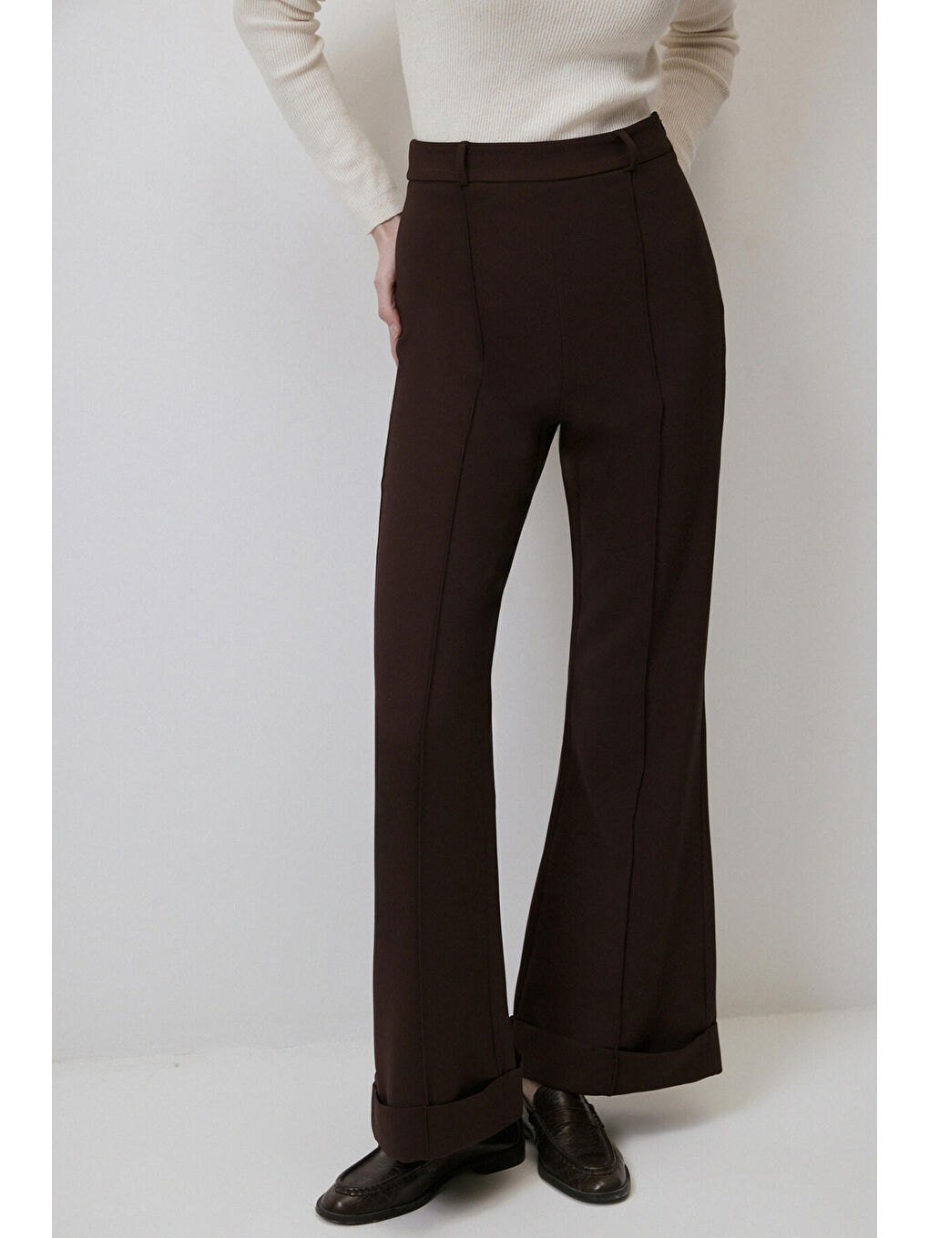 Kahverengi Nervürlü İspanyol Paça Pantolon-2