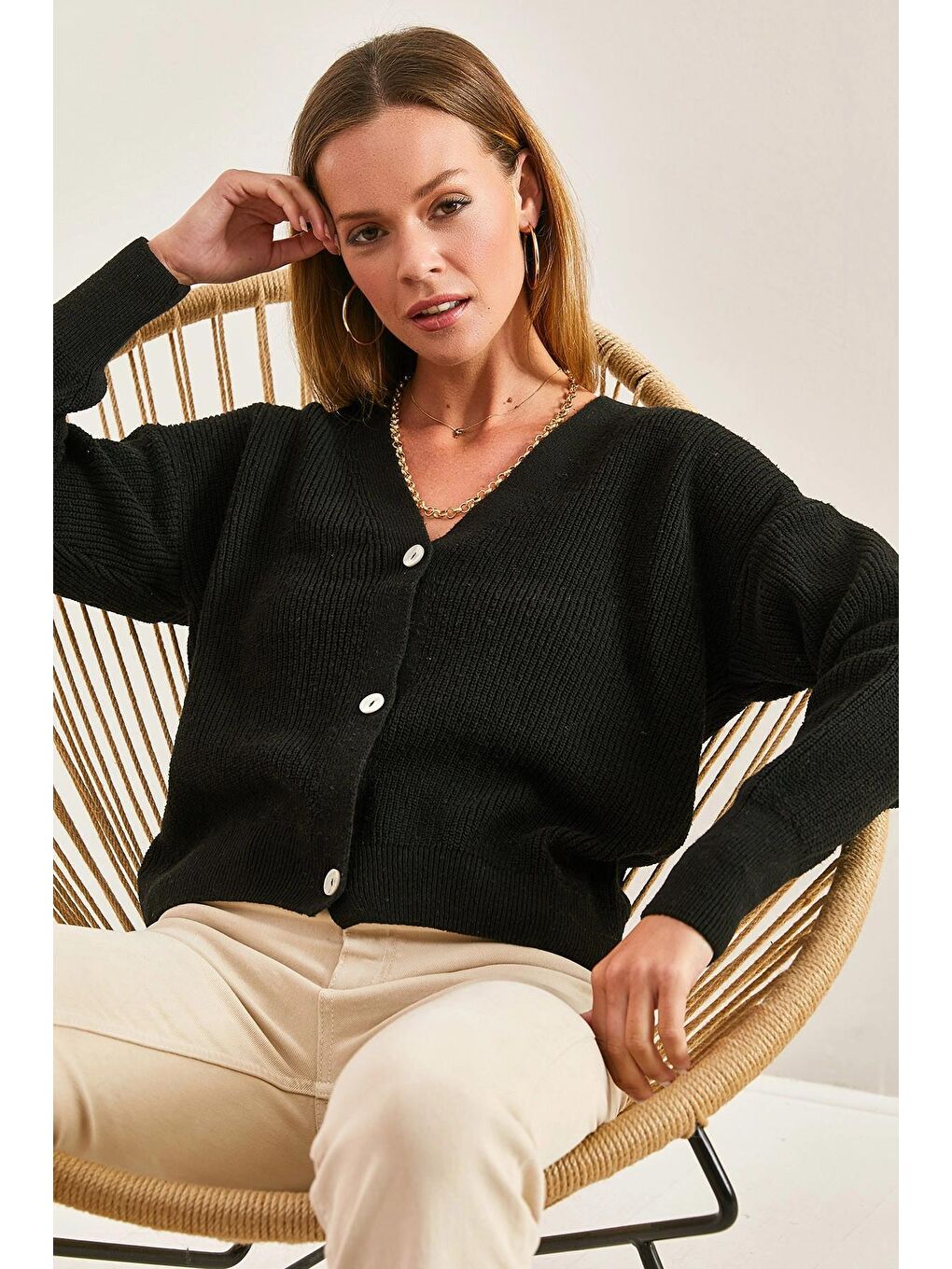 Siyah Kadın Düğmeli Triko Hırka-2