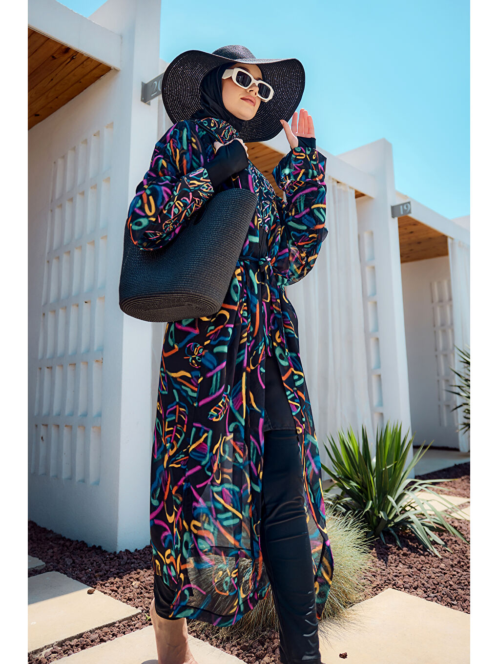 Remsa Tesettür Mayo Üzerine Tek Kaftan Kimono Pareo Siyah04 RP035 Yağmur-3