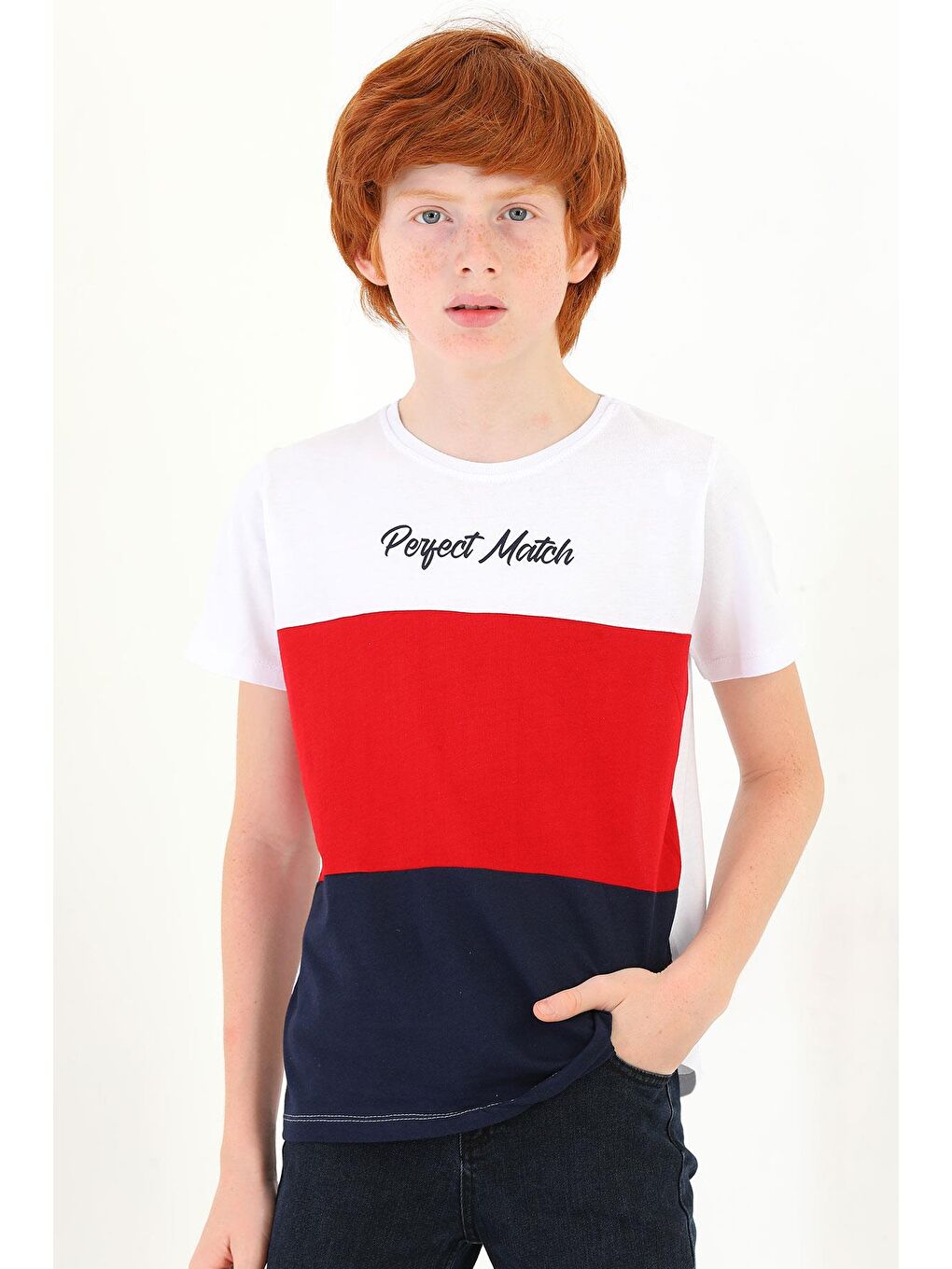 Bisiklet Yaka Kısa Kol Perfect Match Baskı Parçalı Beyaz Lacivert Renk Erkek Çocuk Tshirt-1