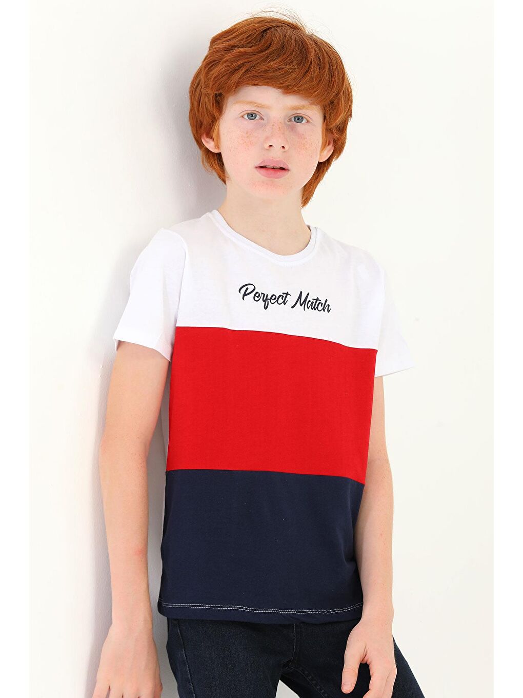 Bisiklet Yaka Kısa Kol Perfect Match Baskı Parçalı Beyaz Lacivert Renk Erkek Çocuk Tshirt-2