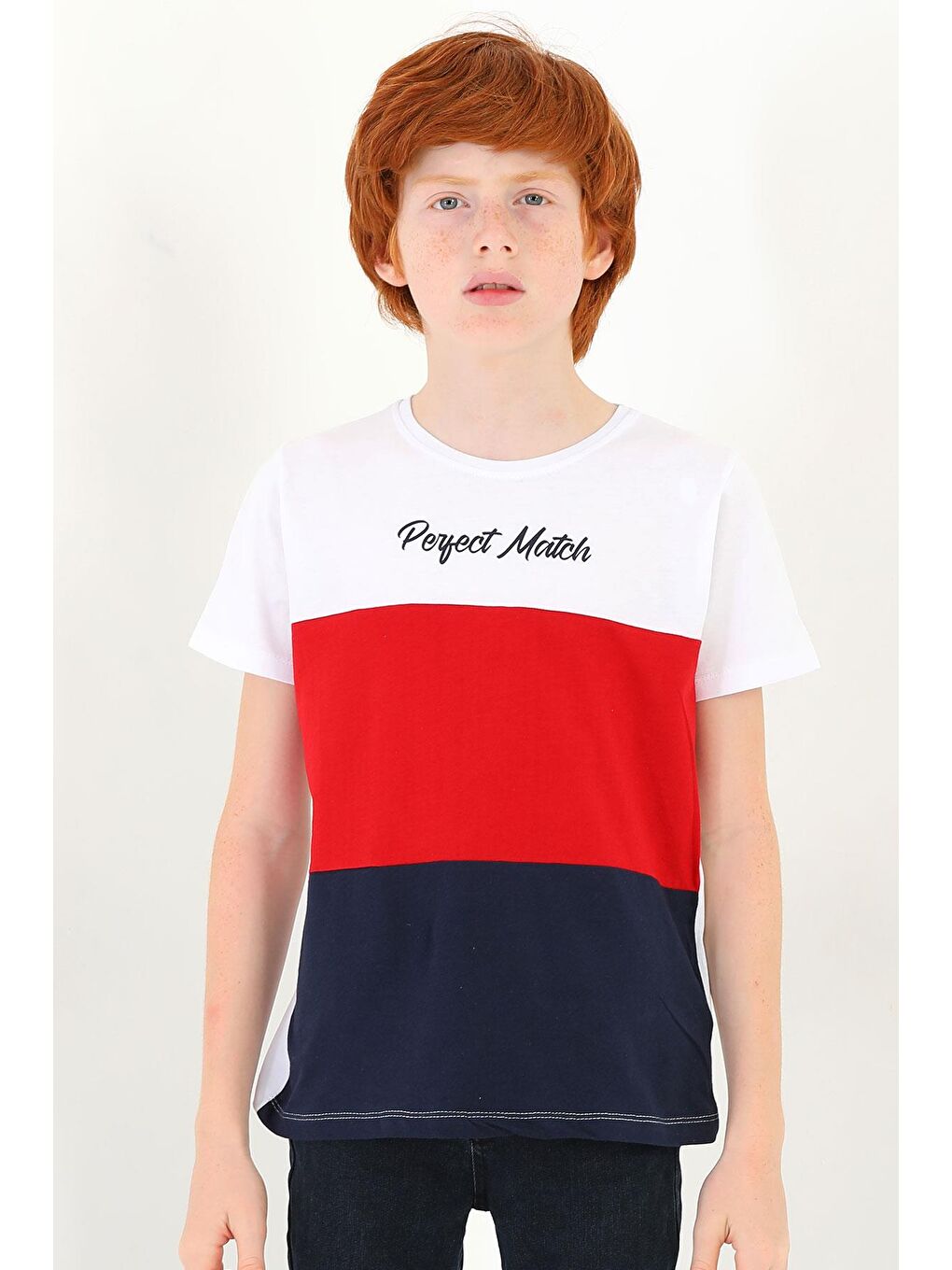 Bisiklet Yaka Kısa Kol Perfect Match Baskı Parçalı Beyaz Lacivert Renk Erkek Çocuk Tshirt-3