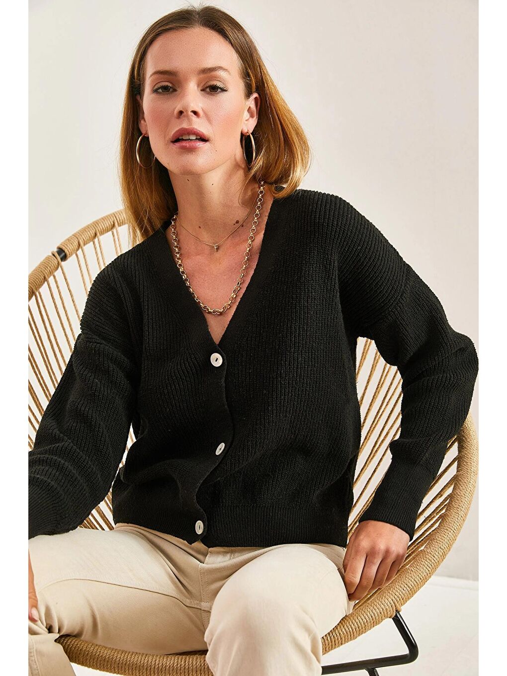 Siyah Kadın Düğmeli Triko Hırka-4