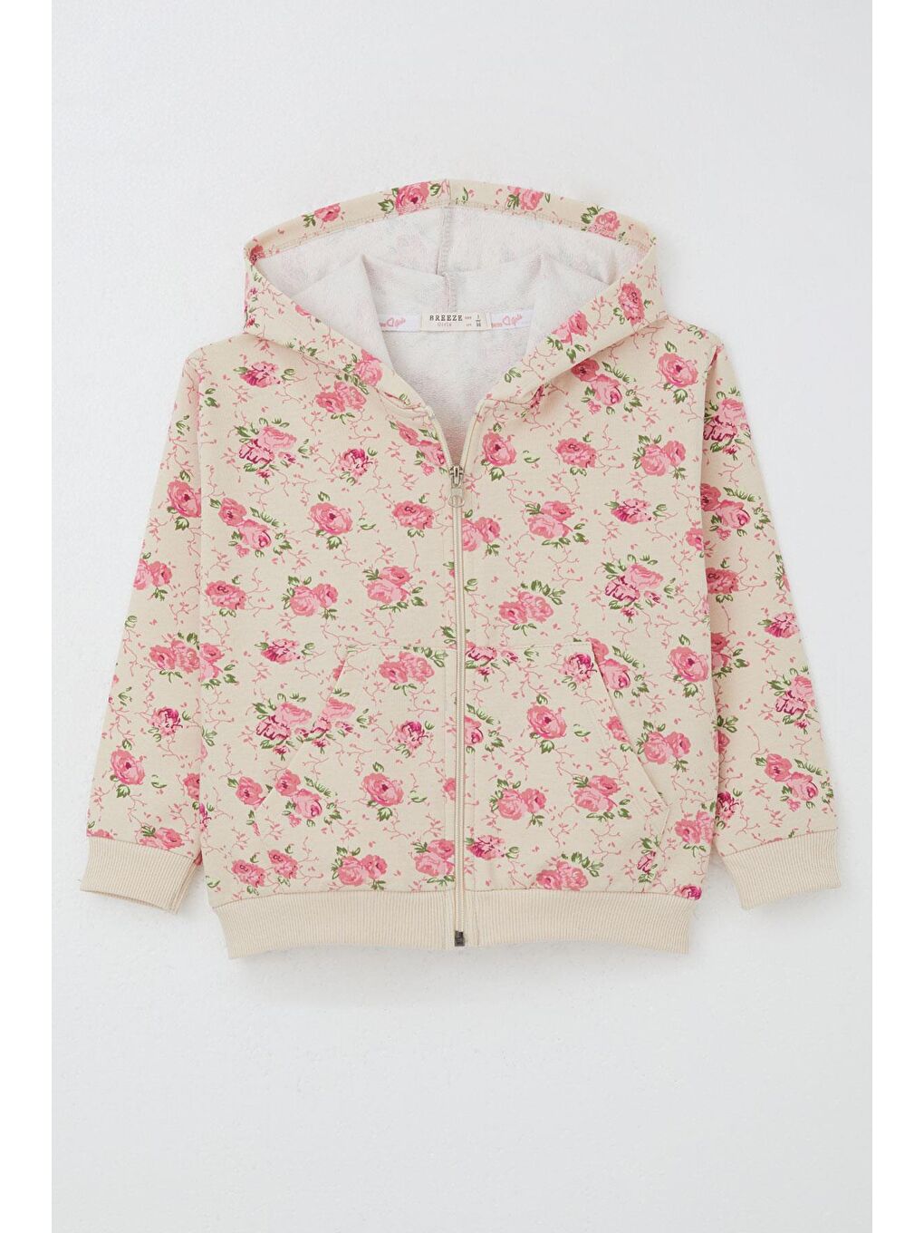 Kız Çocuk Hırka Çiçek Desenli Fermuarlı Kapüşonlu Bej  1 5 4 Yaş