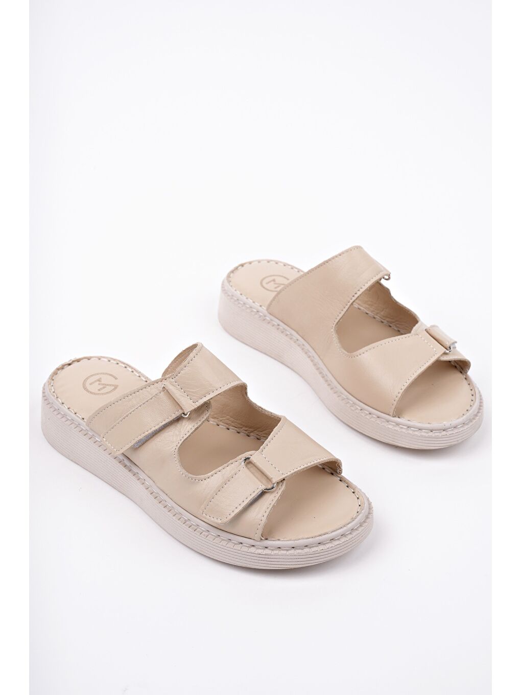 Bej MORGEN Hakiki Deri Çift Bantlı Ayarlanabilir Ortopedik Günlük Kadın Terlik-5