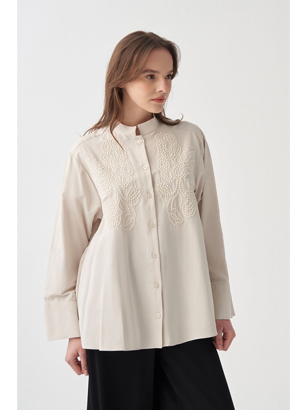 Bej Taş-Nakış Detaylı Gömlek-2