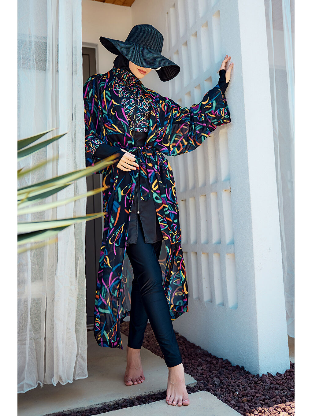 Remsa Tesettür Mayo Üzerine Tek Kaftan Kimono Pareo Siyah04 RP035 Yağmur-4