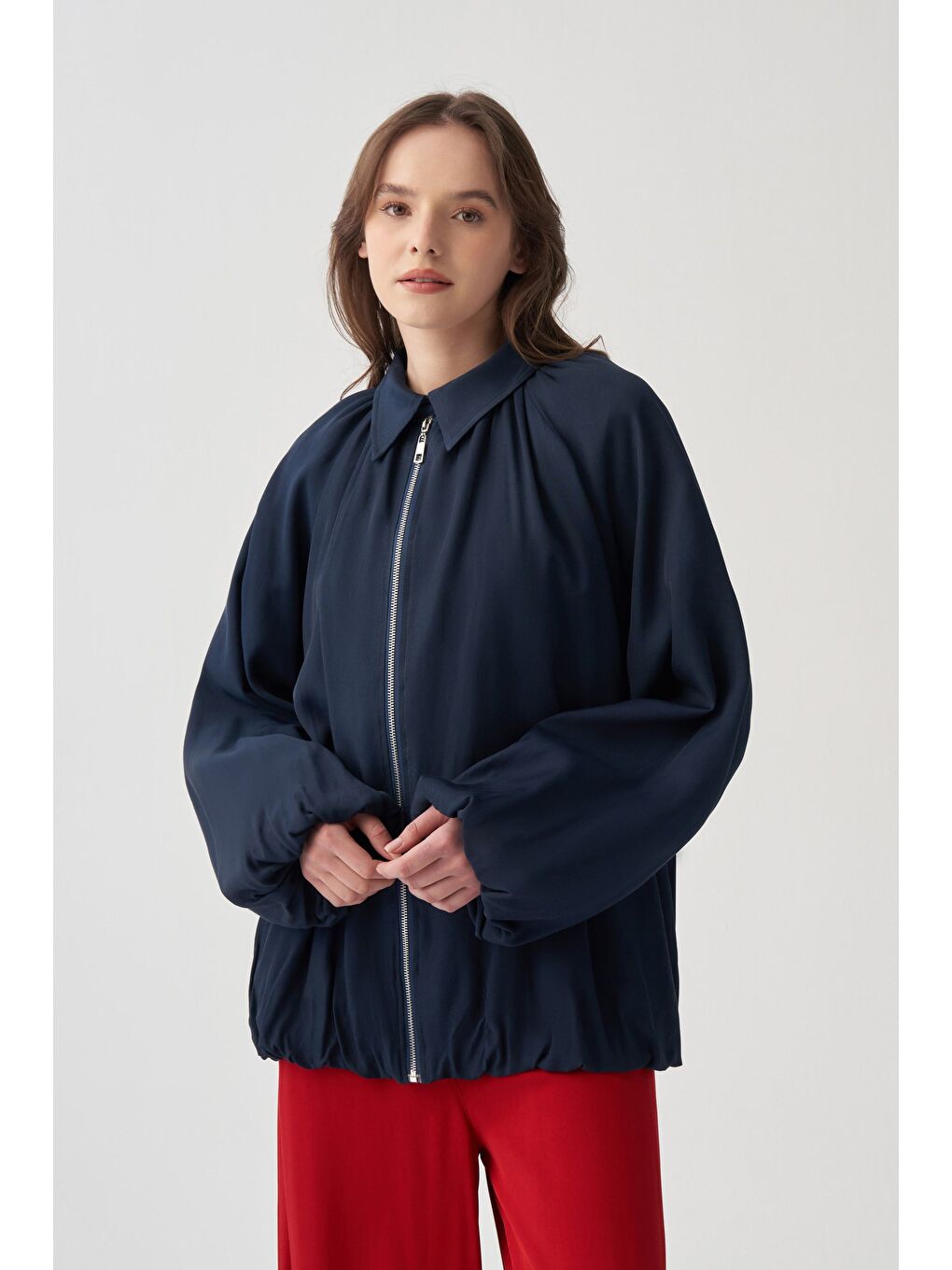 Lacivert-Fermuarlı Balon Form Astarlı Ceket-1