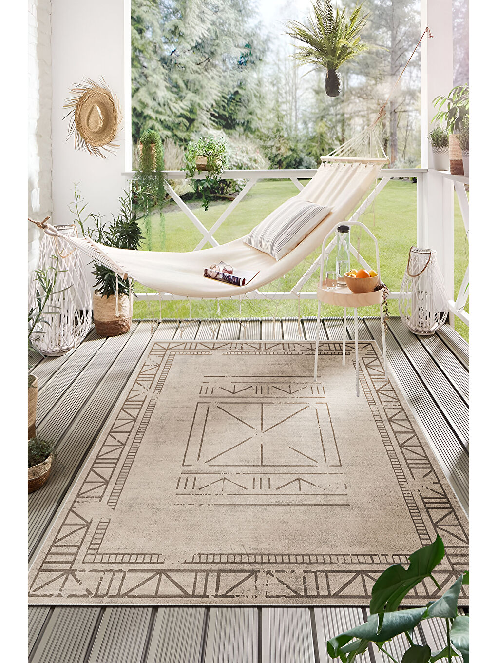 Bej Dekoratif Salon Halısı, Makinada Yıkanabilir, Kaymaz Taban, İnce & Modern Tasarım-2