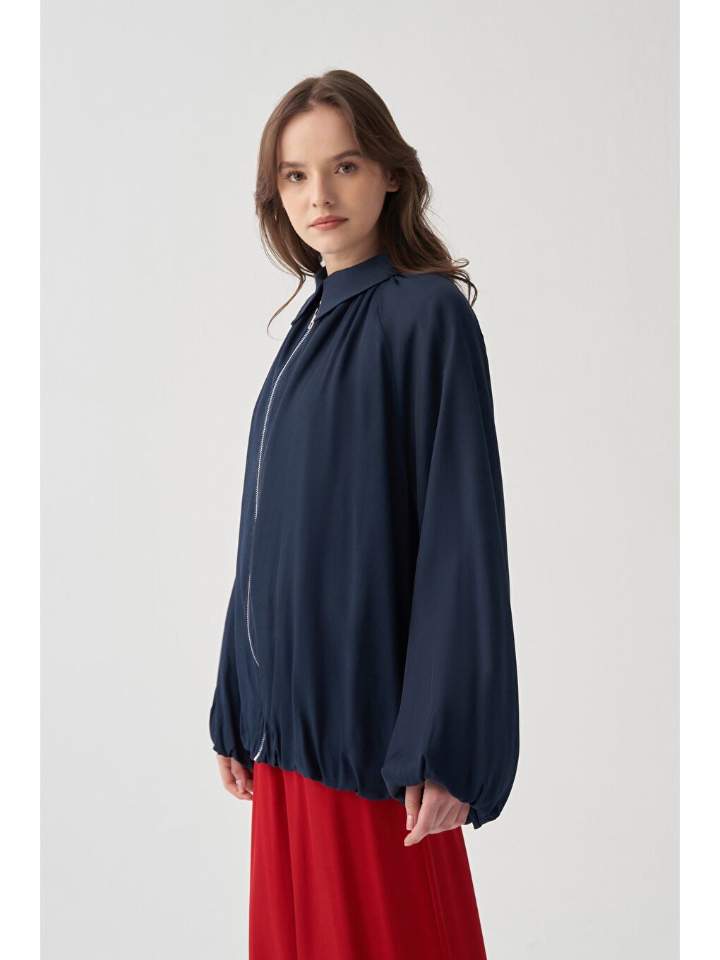 Lacivert-Fermuarlı Balon Form Astarlı Ceket-2