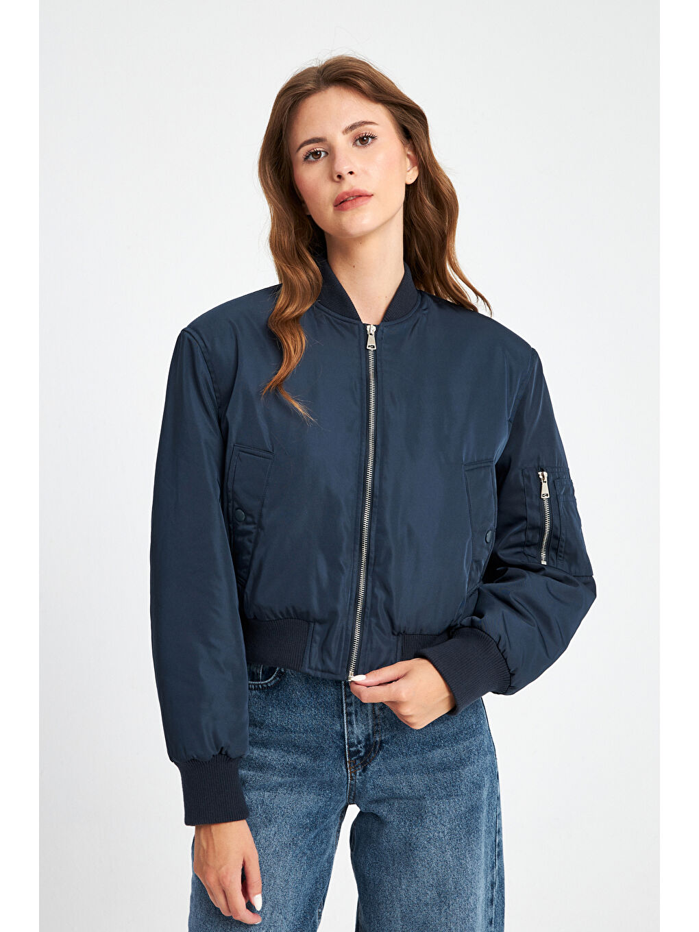 Ecrou Kadın Lacivert Oversize Crop Bomber Mont - 4